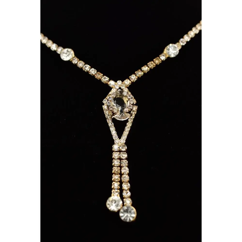 Vintage Crystal Collar Necklace Y Drop Prong Rhinestone Gold Tone Shiny BinBD